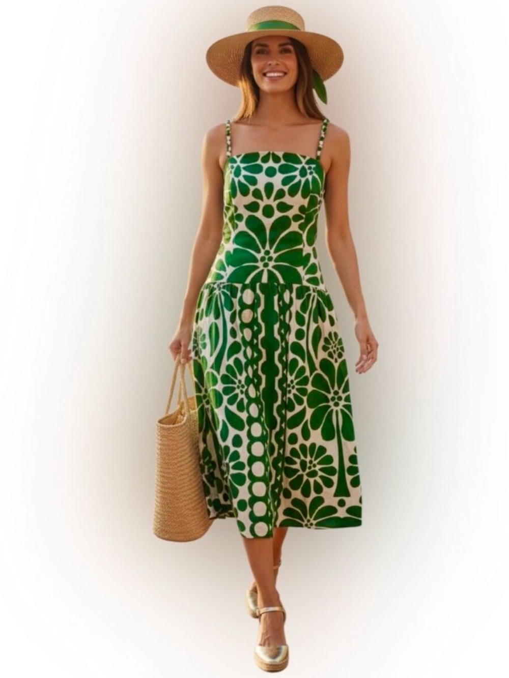 Caroline Constas Green Midi Dress Adjustable Bead Straps Linen (Farm Rio Palermo
